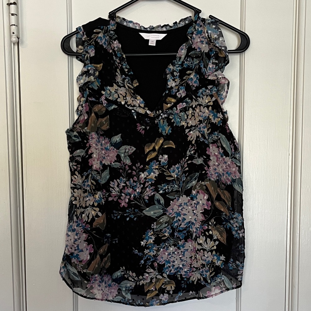LC Lauren Conrad Black and Purple Floral sleeveless Blouse size M